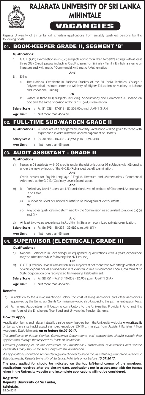 Book Keeper, Sub Warden, Audit Assistant, Supervisor (Electrical) - Rajarata University